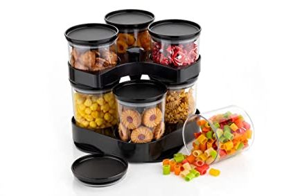 THEODORE Novel Brand Classic Jar With 360 Rotating Tray Spice Polycarbonate Plastic 600 ml, 300 Ml Airtight & Unbreakable Storage Of Spices, Pickle & Dry Fruits (7 Pieces)