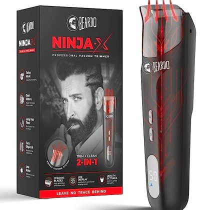 BEARDO Ninja-X Vacuum Trimmer for Men | Beard Trim & Clean 2-in-1 Trimmer with Vacuum Suction Mode | Ceramic Blades, LED display, 3 Limit Combs | No Mess Trimming