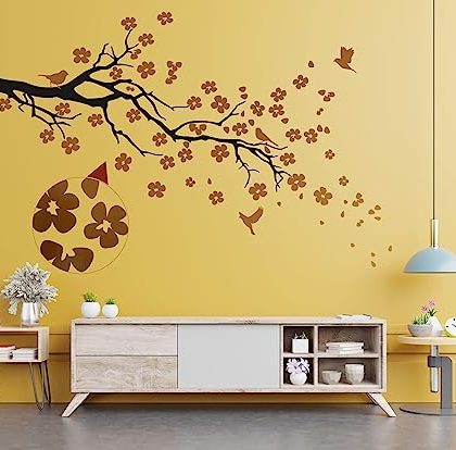 WallDesign Petal Burst Wall Sticker - Copper Flowers Nature Branch - Home Decor for Living Room, Kids, Bedroom - Metallic Painted Look