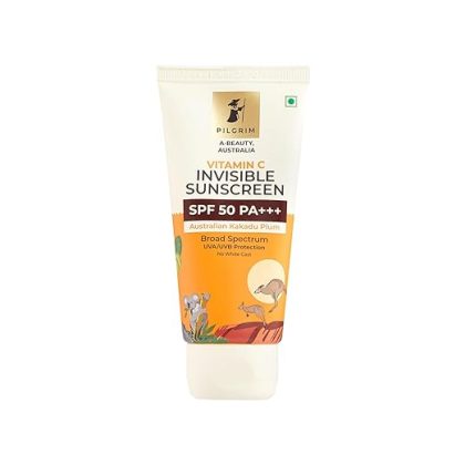 Pilgrim Vitamin C Invisible Sunscreen SPF 50 PA+++ for women & men with Australian Kakadu Plum | Broad spectrum, UVA/UVB Protection, Lightweight Gel | No White Cast | All Skin Types | 45ml