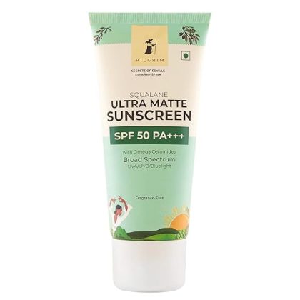 Pilgrim Squalane ULTRA MATTE SUNSCREEN SPF 50 PA+++ for women & men with Omega Ceramides & Vitamin E | Broad spectrum, Non-greasy, No white cast | All skin types | 50 gm