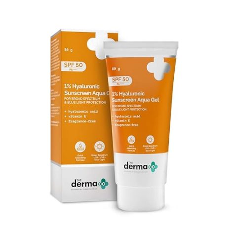 The Derma Co 1% Hyaluronic Long Lasting Sunscreen SPF 50 PA++++ with Hyaluronic Acid & Vitamin E for Broad Spectrum Protection- 50 g | 6 Hrs. Sun Protection | Water & Sweat Resistant | No Reapplication Needed