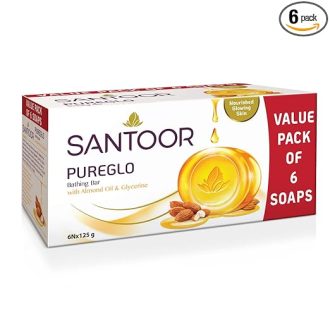 Santoor PureGlo Glycerine Bathing Bar Soap with Almond Oil for Nourished & Glowing Skin| Gentle & Rich Lathering Formula| Refreshing Fragrance| For All Skin Types| 125g, Pack of 6 - Image 2