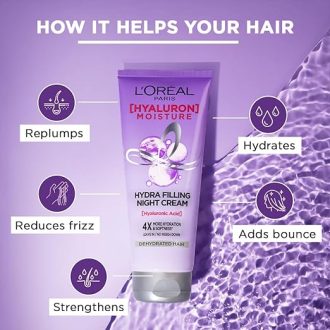 L'Oreal Paris Filling Night Cream, Leave In Hair Cream with Hyaluronic Acid, For Dry & Dehydrated Hair, Adds Shine & bounce, Hyaluron Moisture 72H Hydra, 180ml - Image 4