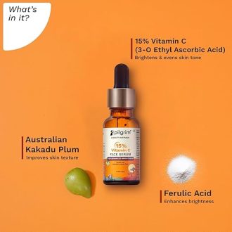 Pilgrim 15% Vitamin C Face Serum For Glowing Skin 20ml | Serum with Vit C, Ferulic acid, and Vit E | Reduces Dark Spots & Evens Skin Tone | Fragrance Free | For Men and Women | For All Skin Types - Image 2