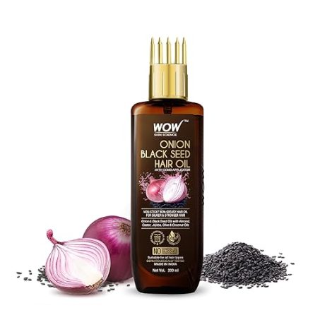 WOW Skin Science Onion Black Seed Hair Oil - WITH COMB APPLICATOR - Controls Hair Fall - NO Mineral Oil, Silicones, Cooking Oil & Synthetic Fragrance - 200mL