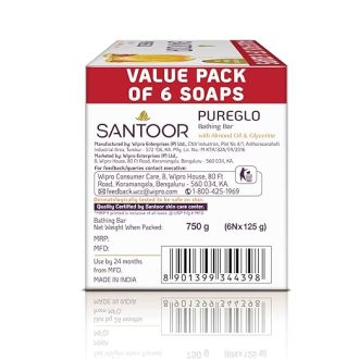 Santoor PureGlo Glycerine Bathing Bar Soap with Almond Oil for Nourished & Glowing Skin| Gentle & Rich Lathering Formula| Refreshing Fragrance| For All Skin Types| 125g, Pack of 6 - Image 3