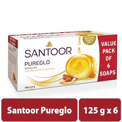 Santoor PureGlo Glycerine Bathing Bar Soap with Almond Oil for Nourished & Glowing Skin| Gentle & Rich Lathering Formula| Refreshing Fragrance| For All Skin Types| 125g, Pack of 6