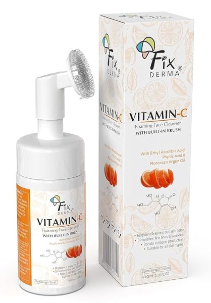 Fixderma 2% Vitamin C Face Wash, Foaming Face Cleanser with Brush, Face wash for Women & Men, Evens skin tone, Reduces fine lines & wrinkles, Exfoliates the skin - 100ml