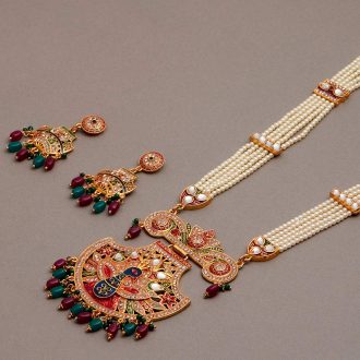 ZENEME Jewellery Set Gold Plated Long Necklace Hyderabadi Design Pearl Peacock Necklace Set With Earring Jewellery For Women & Girls - Image 3