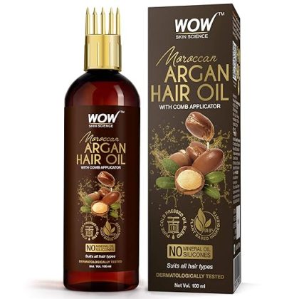 WOW Skin Science Moroccan Argan Hair Oil - WITH COMB APPLICATOR - Cold Pressed - No Mineral Oil & Silicones - 100mL