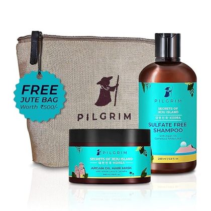PILGRIM Korean Healthy & Shiny Hair Care Kit With Jute Kit Bag | Sulphate Free Shampoo 200ml & Argan Oil Hair Mask 200gm For Gentle Cleansing, Frizz Control, Moisture & Shine