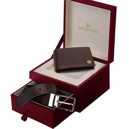 WildHorn Men's Classic Leather Wallet and Belt Combo (Brown)